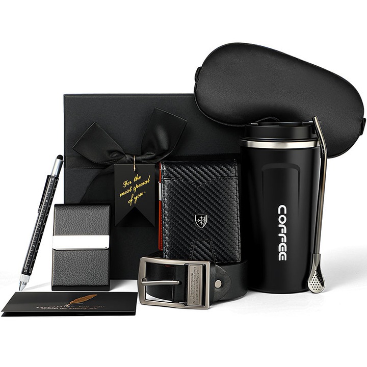 Set cadou pentru barbati, 9 produse premium, KINGTRONG®, cana termos inox 510 ml, curea, portofel RFID, suport carduri, masca somn, cutie cadou eleganta, cadou pentru tata, sot, iubit, frate, coleg