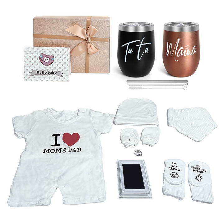 Set cadou Nou Nascut, cu Cana termica pentru parinti, Manusi, Caciulita, Bavetica, Salopeta, Sosete, Kit amprenta cu tus pentru Bebelus, KINGTRONG®