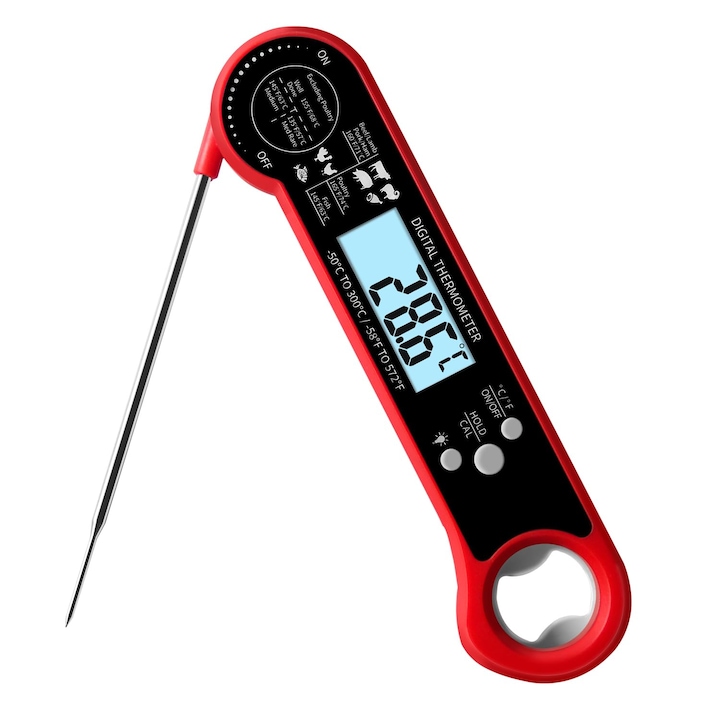Termometru instant pentru carne cu ecran LCD, termometru impermeabil pentru dulciuri si alimente, termometru digital cu sonda pliabila pentru gatit, gratar, coacere si prajire (Rosu)