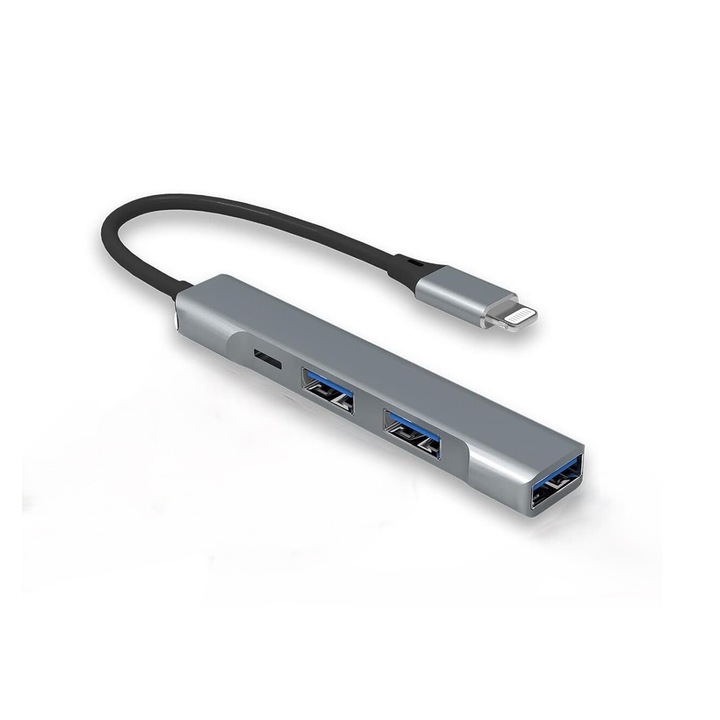 Адаптер MRG MGL231 Lightning USB Hub, 4x USB, 1x USB 3.0, Multiport 4 в 1, Съвместим с Macbook, Ipad и Android, Ultra Slim, Silver