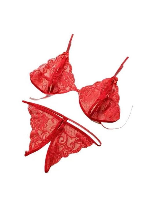 Set Lenjerie Sexy, Body si Top, Dantela Clasica, Rosu, Marime Unica