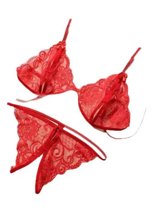 Комплект секси бельо, 2 части, Прозрачен, Дантела, Червен, L
