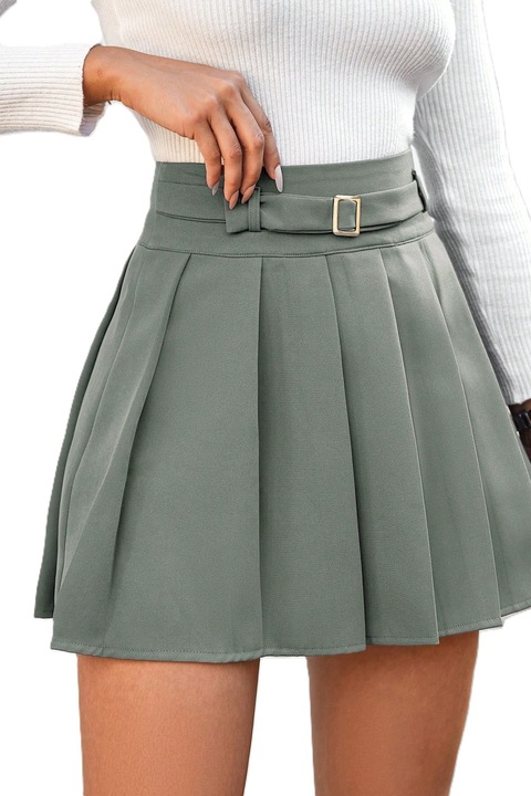 Fusta Mini Dama, Eleganta Cu Talie Inalta Si Plisata, Cu Curea, Gri deschis