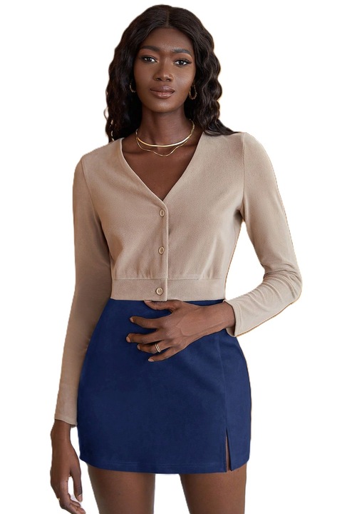 Fusta Scurta Dama Dreapta Cu Tiv Despicat Si Culoare Solida, Albastru