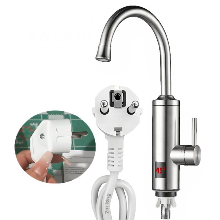 Robinet instant de apa calda, SellerRasov, putere 3300W, afisaj LED, inox, rotire 360°, 30C-50C, Culoare Alb-Inox