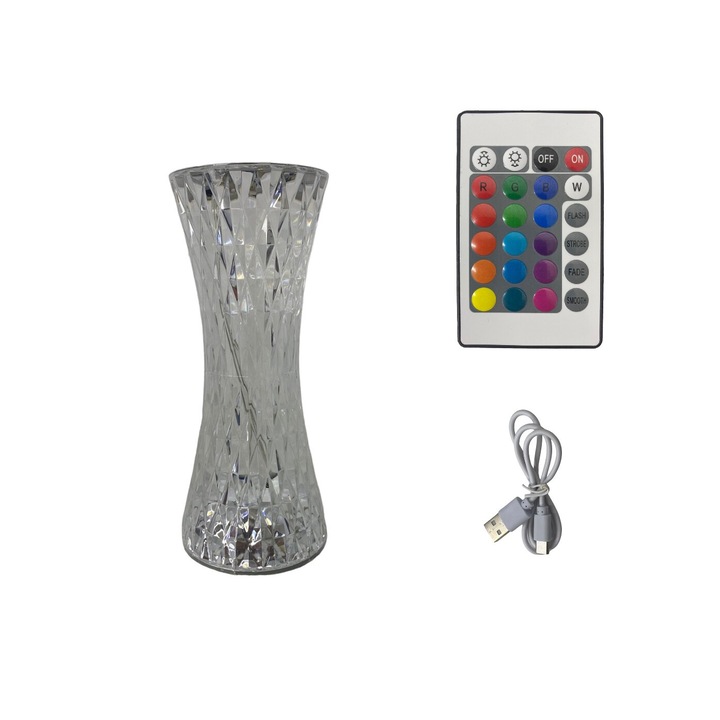 Lampa de Masa LED, Crystal Touch, Iluminare RGB, Control Tactil, 3 intensitati luminoase, Acumulator, Telecomanda, 19 cm x 8 cm, incarcare Type-C, Transparenta, HAPPY JOKER®