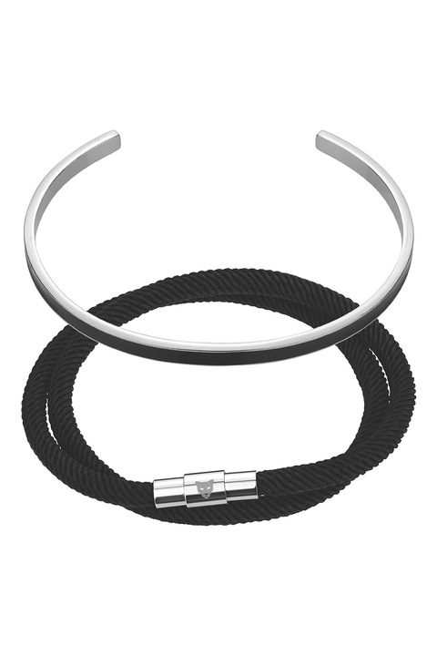 Marc Lauder, Rozsdamentes acél karperec és bőrkarkötő szett, Fekete, Ezüstszín