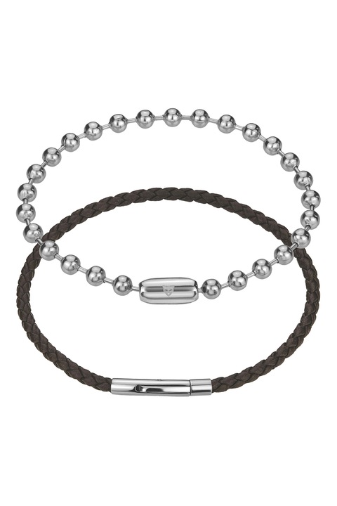 Marc Lauder, Rozsdamentes acél és bőr karkötő szett, Sötétbarna, Ezüstszín