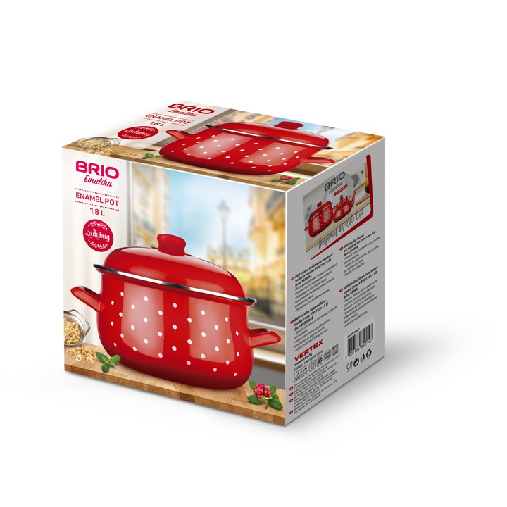 Тенджера Brio Emaliкa, емайлирана, тумбеста, червена, Ø18х11см, 1.8л, декор Ladybug