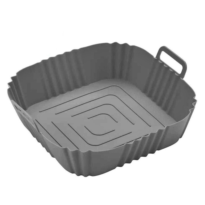 Tava Silicon EDAR, Pentru Friteuza, Prajit, Copt, Air Fryer, Rezistenta La Temperaturi Inalte, Reutilizabila, Patrata, 14 x 14 x 4.7 cm, Gri