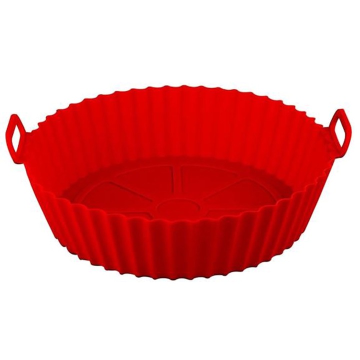Tava Silicon EDAR, Pentru Friteuza, Prajit, Copt, Air Fryer, Rezistenta La Temperaturi Inalte, Reutilizabila, Rotunda, 16 x 18 x 5 cm, Rosu