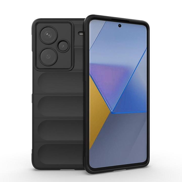 Husa telefon, pentru Xiaomi Redmi Note 13 Pro Plus 5G Heavy Duty 3D cu dungi senzoriale Soft Silicone Full Portection Rezistent la socuri, Negru intens