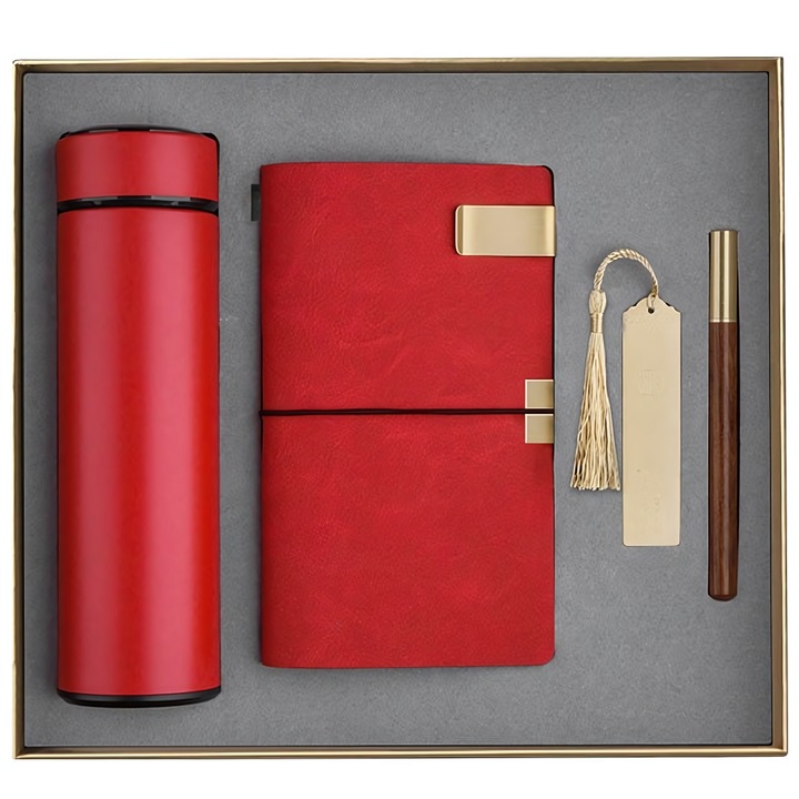 Set cadou pentru femei, 5 Produse premium, Termos din inox, Agenta cu coperta din piele ecologica A6, Pix elegant, Semn de carte metalic, Clips metalic, Ambalate in cutie pachet exceptionala, Ideal pentru ea, dama, mama, fata, sotie, fiica
