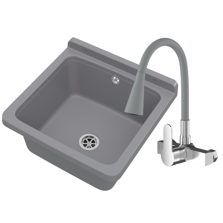 Set chiuveta bucatarie + baterie, Granitan, Orta, Polipropilena, Dreptunghi, Montaj incastrat, 400x380mm, Gri