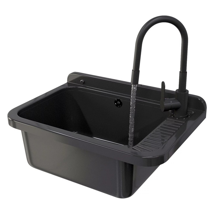 Pachet Chiuveta Bucatarie + Baterie Grado Si Sifon, Granitan, Comora Mare, Rezistent La Chimicale, Ideal Pentru Garaj Si Atelier, Usor De Montat Si Curatat, 58.4 x 38 x 26 cm, Negru