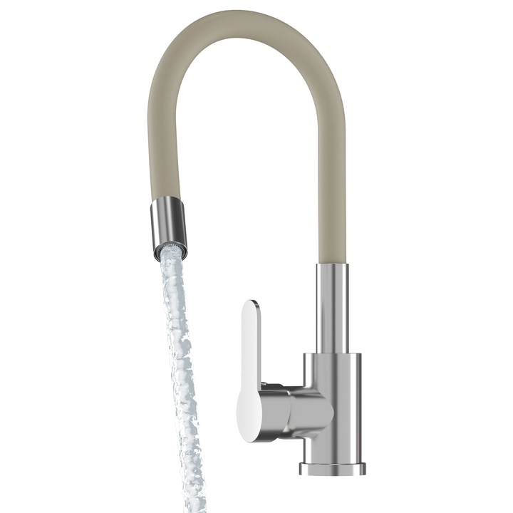 Baterie De Bucatarie, Granitan, Grado, Bej, Dus Flexibil, Inaltime Reglabila/Max 54 cm, Cartus Ceramic, Dus Rotativ 360°, Set De Montaj Si Furtunuri De Conectare Incluse