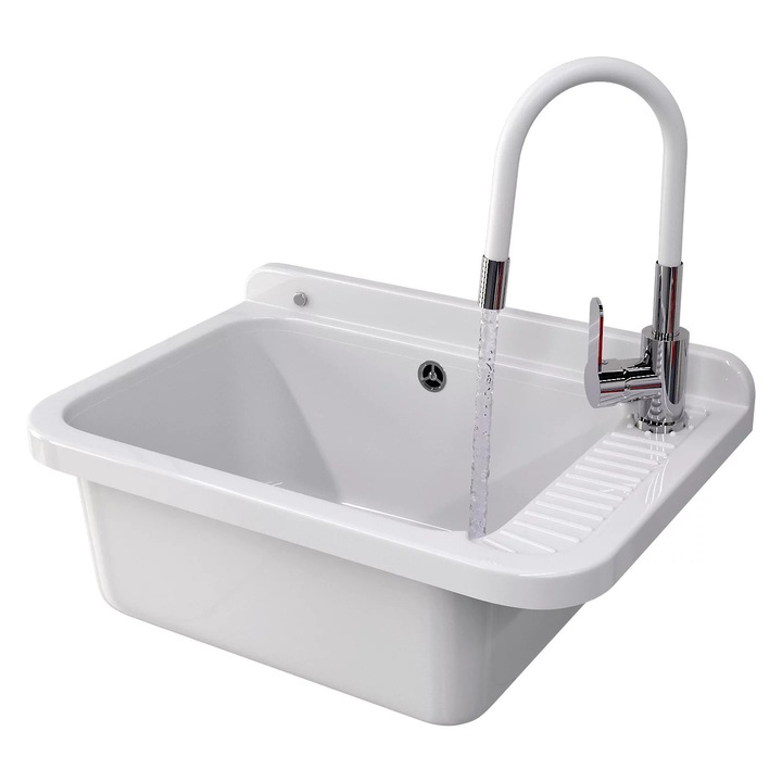 Pachet Chiuveta Bucatarie + Baterie Grado Si Sifon, Granitan, Comora Mare, Rezistent La Chimicale, Ideal Pentru Garaj Si Atelier, Usor De Montat Si Curatat, 58.4 x 38 x 26 cm, Alb