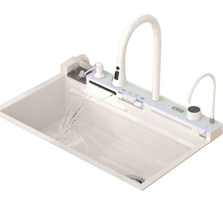 Chiuveta multifunctionala alba de bucatarie Kllaps, digitala cu doua cascade, din otel inoxidabil tratat nanotehnologic, dus extractibil, accesorii