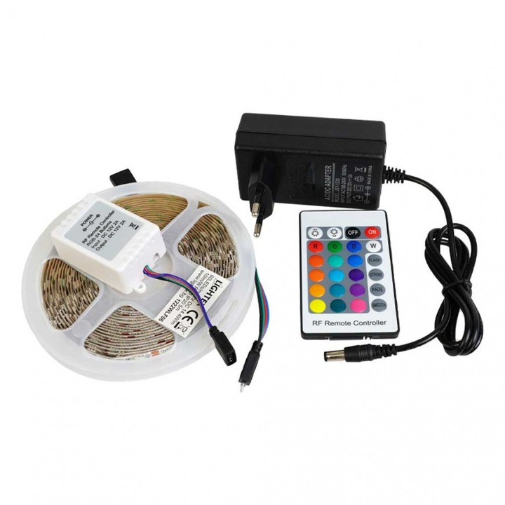 Комплект LED лента Lightex, RGB, 5050, 60бр/м, 14.4W/m, 10lm/W, IP20, 220V, Адаптор, Радиочестотен контролер, 3 метра