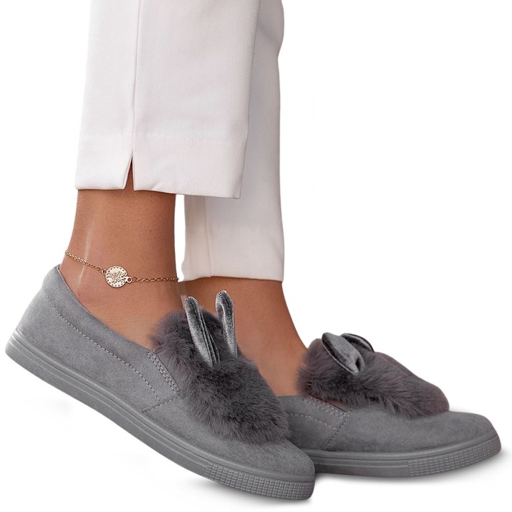 Papuci de casa dama, Permani, Sintetic, Gri