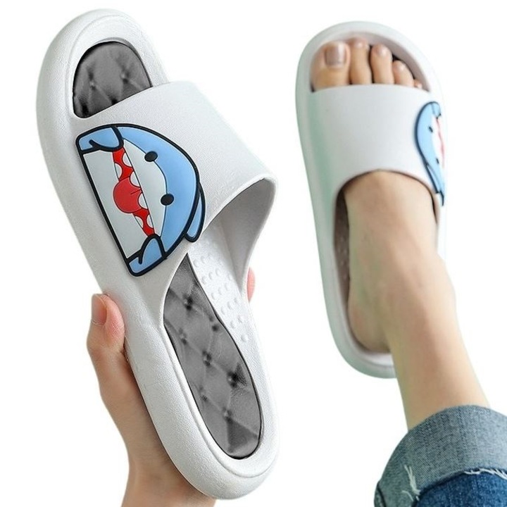 Slapi pentru copii Pemani, Spuma EVA, Model cu rechin, Alb, 24-25 EU