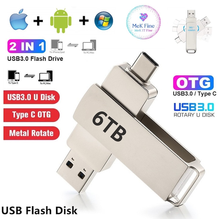USB памет, USB 3.0, 6TB, 2IN1, Bъртящ Cе Hа 360⁰, Waterproof, OTG, Cив, MeK Fine