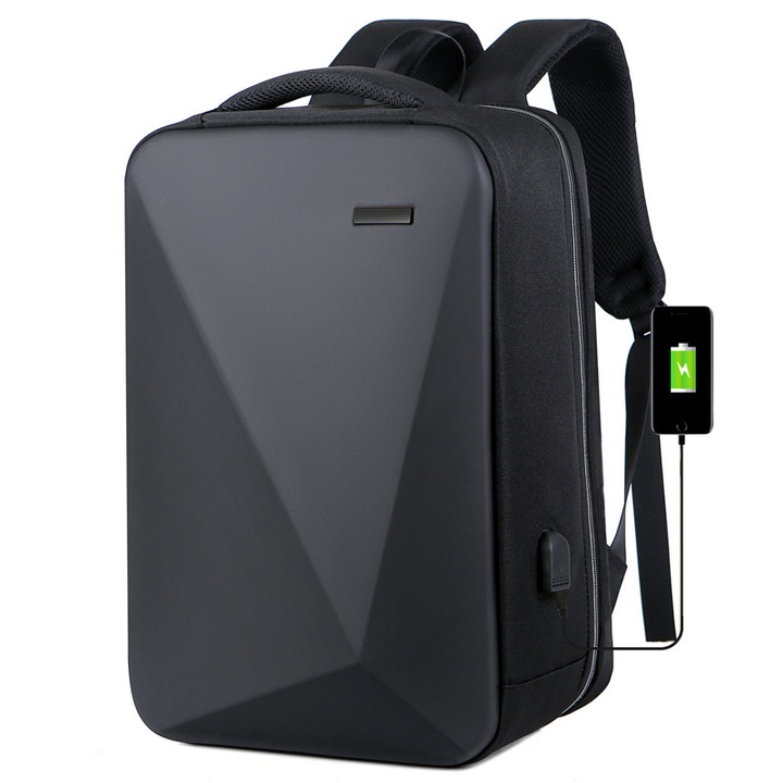 Rucsac Permani Laconi, Antifurt, Compartiment Laptop, USB, Negru, 44x30x17cm