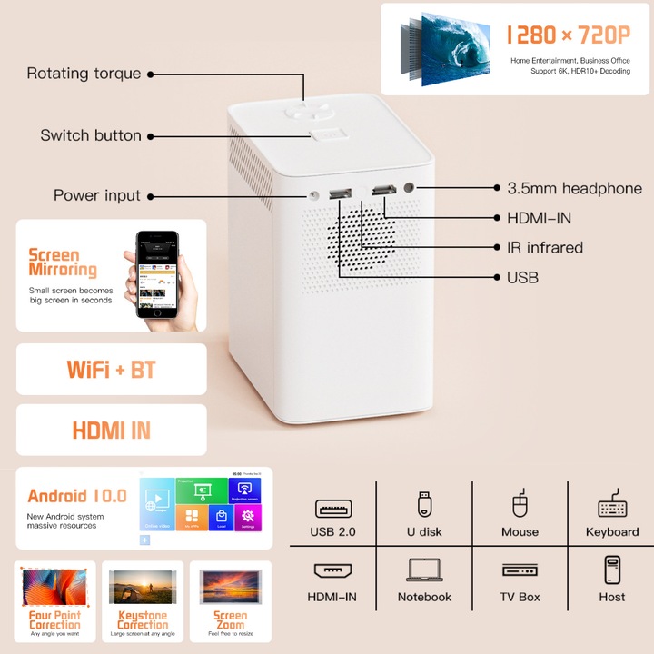 VisionHub hordozható videoprojektor, 6K, Androiddal, Wi-Fi és Bluetooth, 1280x720p HD felbontás, állítható vetítés 150 hüvelykig, HDMI csatlakozás, USB és tükrözés Android/IOS, 2 GB DDR3, 8 GB belső memória
