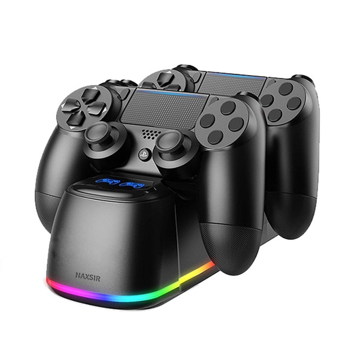 Зарядна станция за PS4 контролер, NAXSIR, 7 светлинни ефекта, RGB, черен
