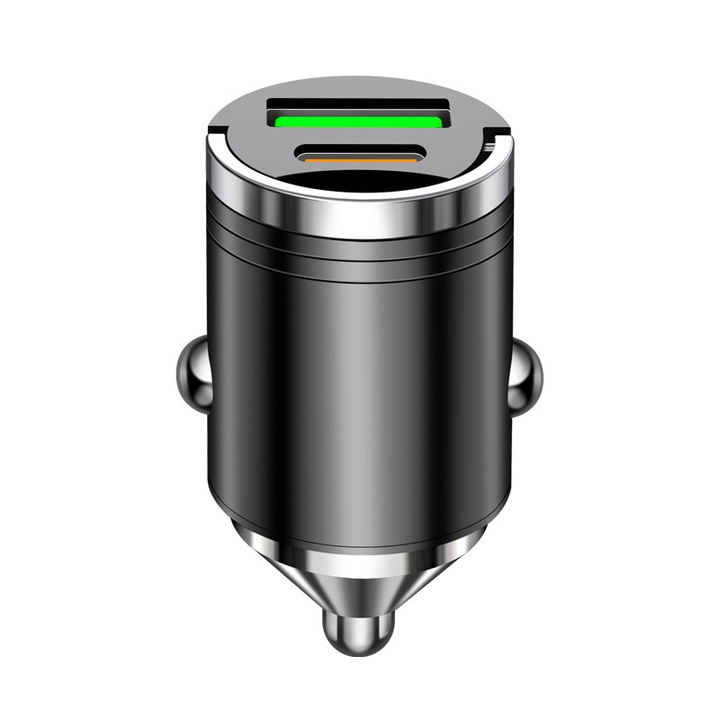 Incarcator auto mini 100W, USB-A si Type-C, incarcare rapida, corp metalic, negru