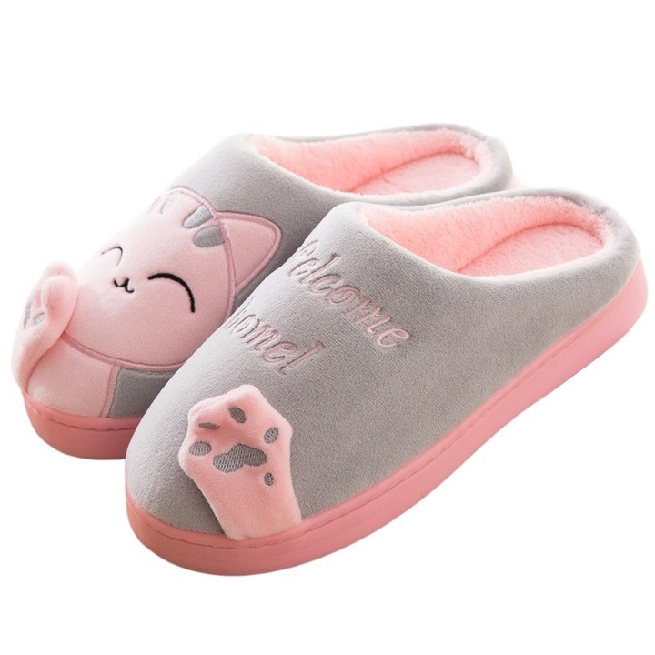 Papuci de casa pentru dama Permani, sintetic, cu pisoi, talpa din cauciuc/spuma, gri/roz
