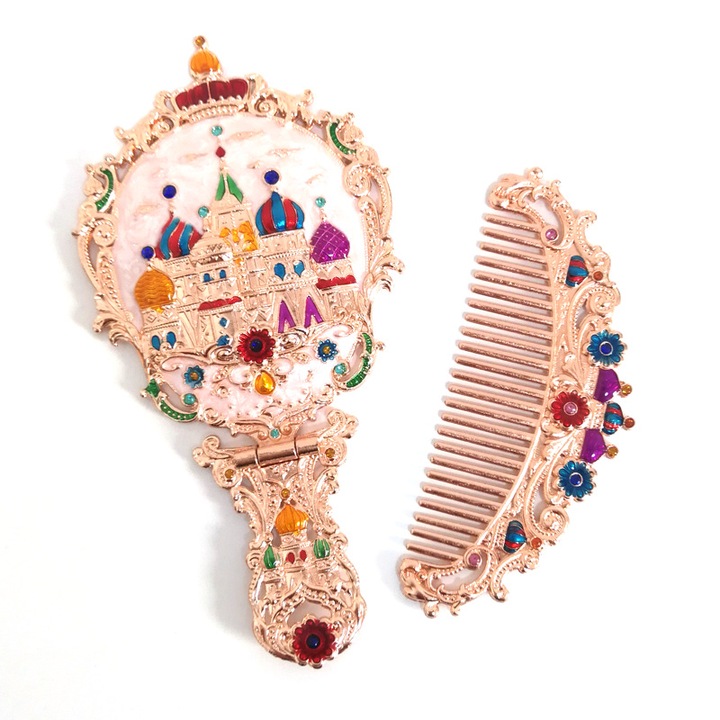 Set oglinda si pieptene, model castel vintage, pliabil, roz auriu, 17x8.5cm