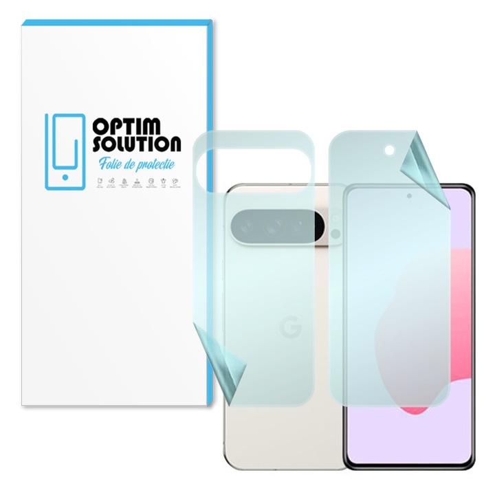 Folie Hydrogel Fata-Spate Regenerabil pentru Google Pixel 9 Pro XL, OPTIM SOLUTION, High Sensitivity, UHD Clarity, Shock Absorption, Flexible Hydro-Crystal, Silicon Compozitie Ultrasafe Membran, Elite Class Protection, Transparenta