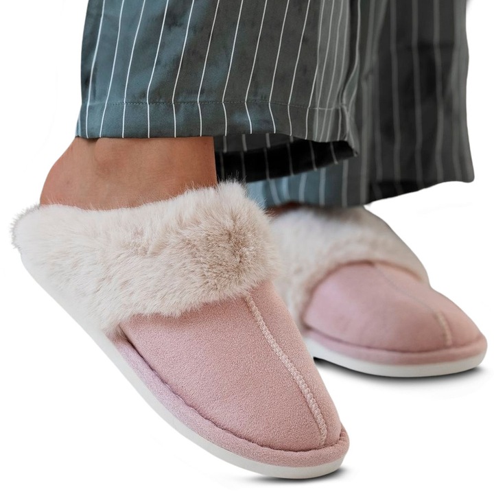 Papuci de dama cu blana artificiala, Permani, Roz, 36-37 EU