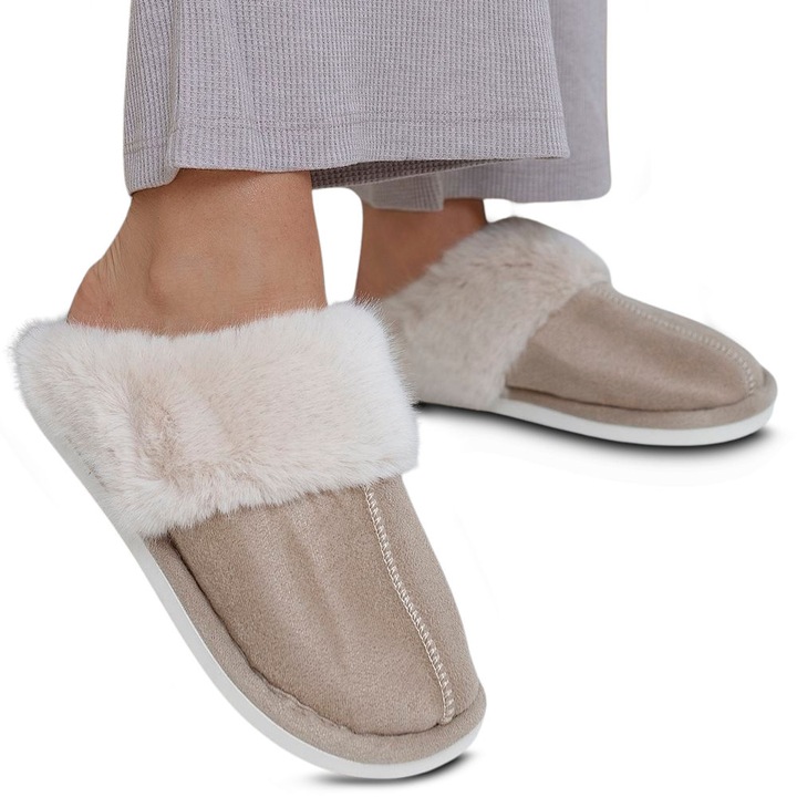 Papuci de casa pentru femei Alma, Permani, Blana artificiala, Maro, 36-37 EU