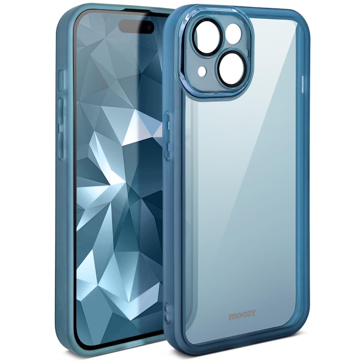 Калъф за телефон Moozy за iPhone 13, iPhone 14, Прозрачно син, със защита за обектива на камерата