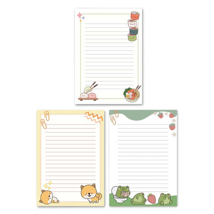 Set 3 carnete A5 modele japoneze Kawaii, 60 pag hartie premium 90gsm, suport din carton