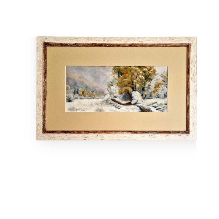 63 x 40 cm. Tablou pictat manual, acuarela, inramat – Peisaj de iarna, ideal pentru living si dormitor