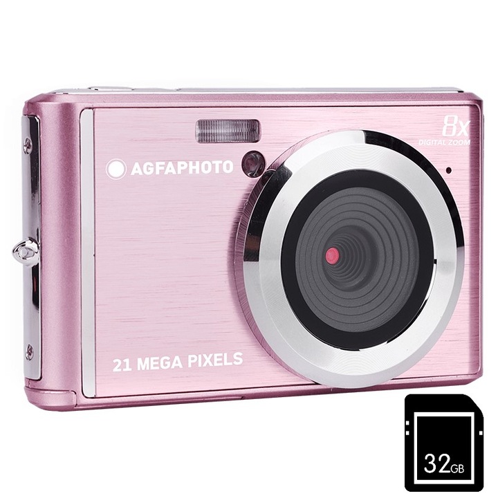 Csomag digitális fényképezőgép AgfaPhoto DC5200 21MP HD 720p Pink, és 32 GB-os kártya