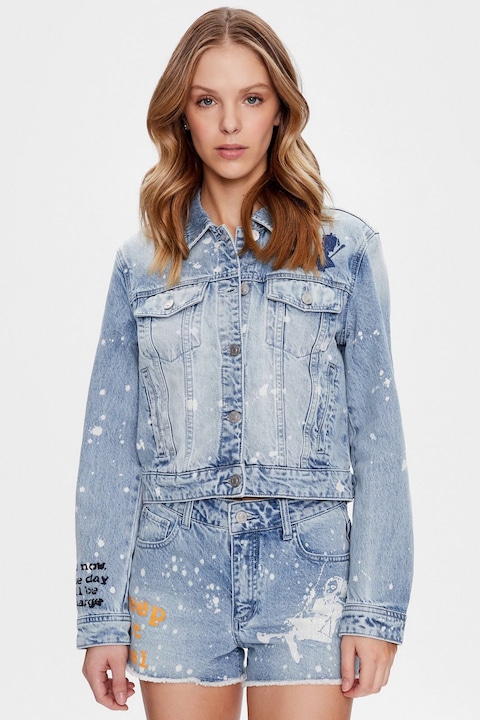 GUESS, Jacheta din denim cu broderie, Alb/Albastru deschis