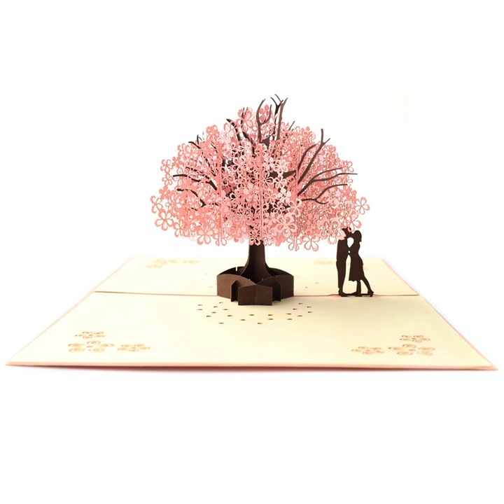 Felicitare 3D cu Cires inflorit, Pop-up, Roz, 15x20cm
