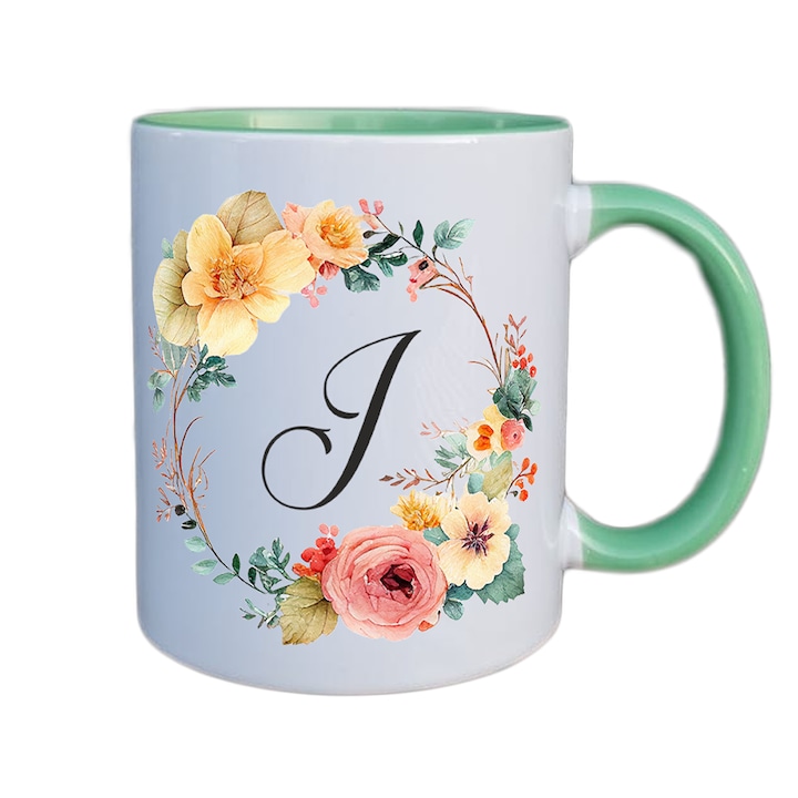 Cana personalizata cu initiala numelui, alba cu interior si maner verde, 350ml, Colectia Flori-Alfabet, litera J