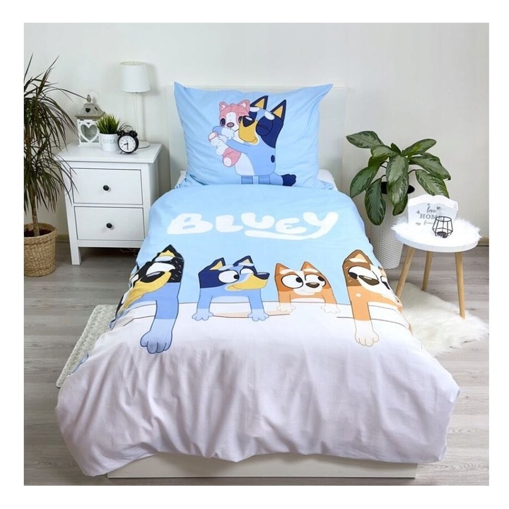 Lenjerie de pat copii bumbac Bluey Family, 2 piese 140x200 cm, 70x90 cm Albastru 140 x 200