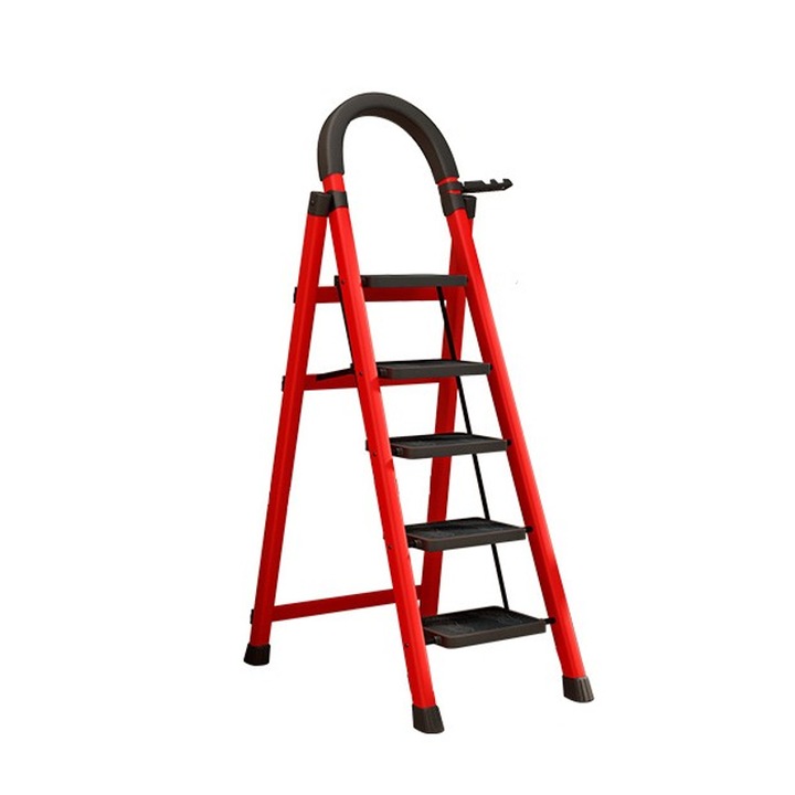 Сгъваема стълба с 5 широки стъпала, At Performance, метална, максимум 150 кг, противоплъзгащи крака, червено-черно