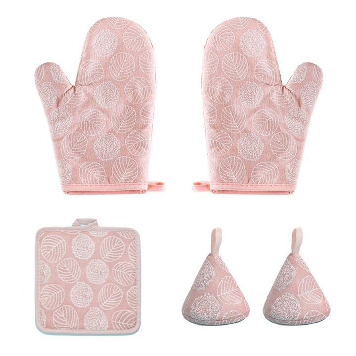 Konyhai kesztyű és edénytartó készlet, pamut, hőálló, rózsaszín, 26x17,5cm, 9x9cm, 17x17cm
