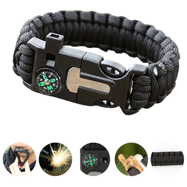 Bratara de supravietuire 5 in 1 pentru salbaticie. 5 functii pentru salvarea de urgenta, un dispozitiv de siguranta indispensabil pentru excursiile de camping. Negru, 25,5x2,5cm