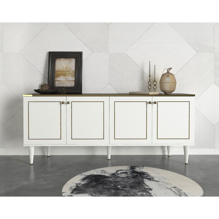 Comoda Modern Luxe, UnicUtil, 180 x 40 x 76 cm, PAL Rezistent la Zgarieturi si Umiditate, 4 Usi cu Balamale, 6 Rafturi, 1 Comoda TV, Design Elegant si Modern, Usor de Intretinut, Ideal pentru Living, Birou, Finish Alb-Auriu