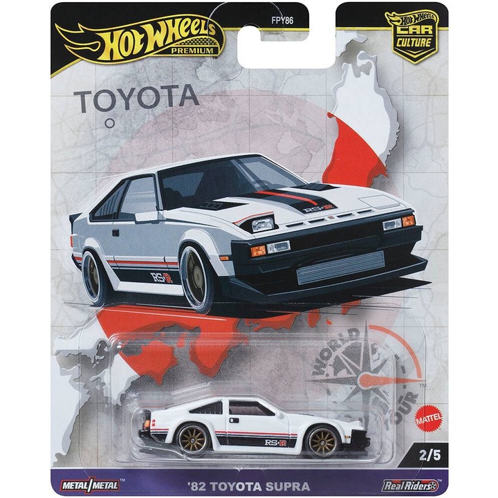 Masinuta Hot Wheels, Premium World Tour, 1982 Toyota Supra, metalica, alb, 1:64