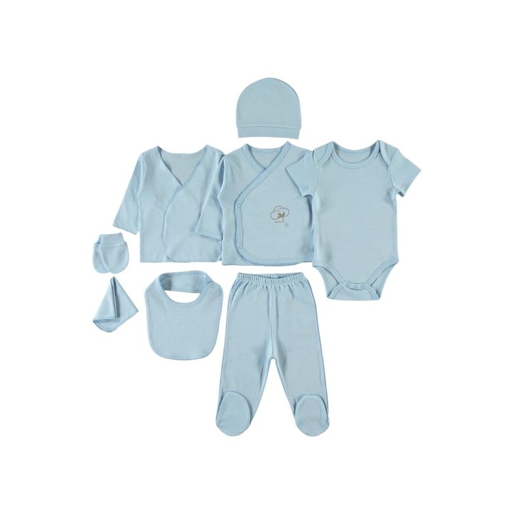 Комплект за бебе/новородено, ERAKIDS, весел/униформен принт, мека материя, подходяща за чувствителната бебешка кожа, 100% ОРГАНИЧЕН памук, Небесно синьо, 50-56 CM