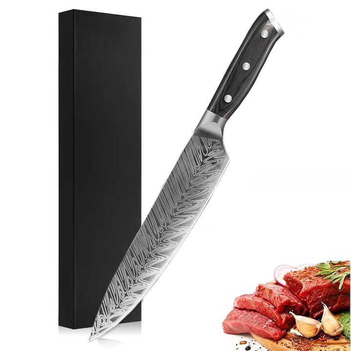 Professzionális konyhakés Damsc Salestore.ro® modellel, 21 cm magas szénacél penge, 34,5 cm, Ergonomikus fa nyél